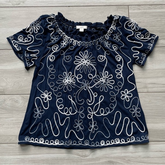 Women’s Navy Short Sleeve Top with White & Silver Swirl Design - Size 1X - Picture 2 of 12